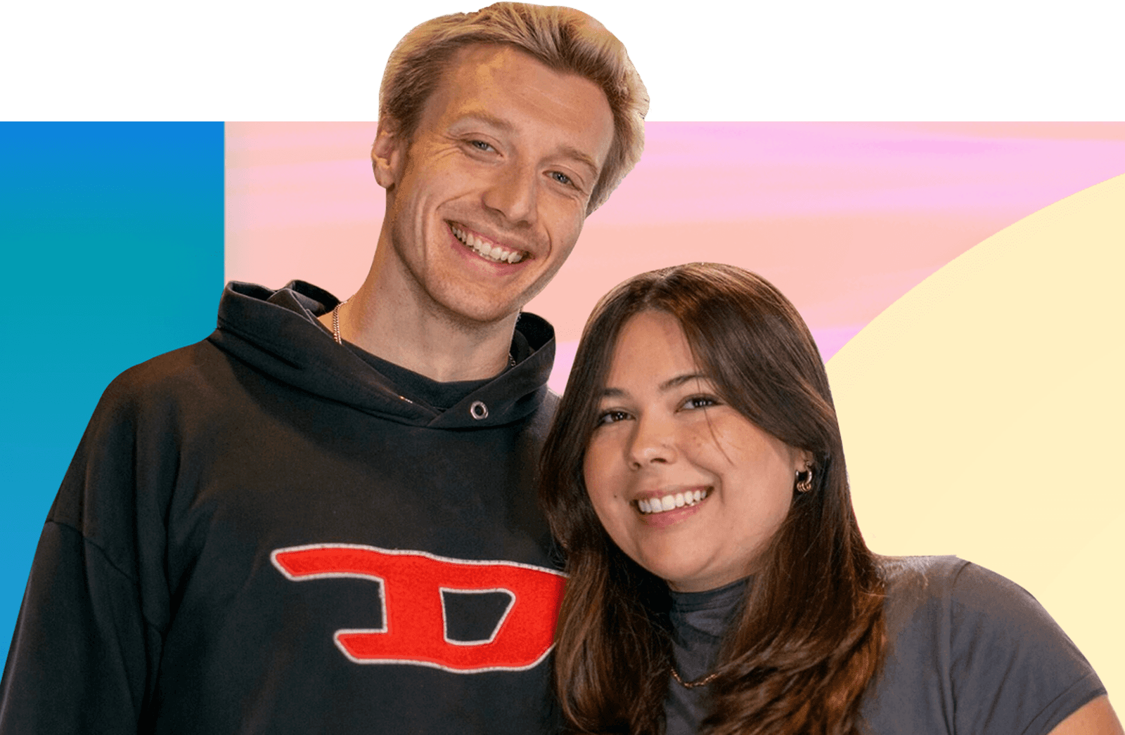 A cutout collage of the artist "Gigi Perez" with Radio 1 presenter Jack Saunders, in front a colourful and abstract graphical background