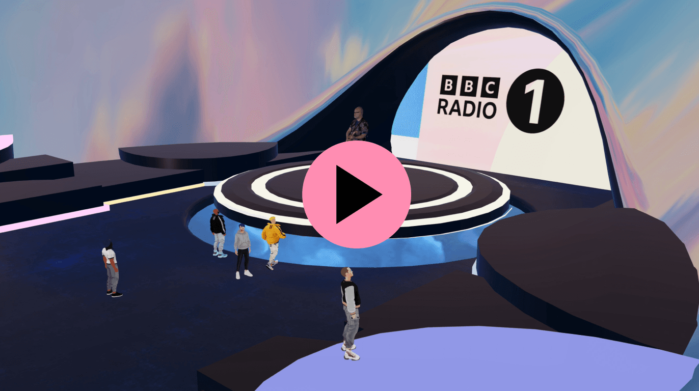 Virtual guests watching a volumetric stream of an artist playing guitar live. The stage is a floating disc in a ethereal space with the BBC Radio 1 logo in the background.